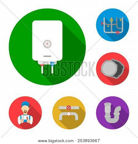 Plumbing, Fitting Flat Icons In Set Collection For Design. Equipment And Tools Vector Symbol Stock W