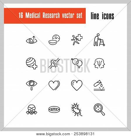 Medical Research Icons. Set Of  Line Icons. Urgent Help, Heart Decease, Virus. Medical Research Conc