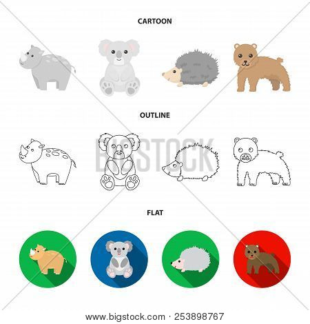 Rhino, Koala, Panther, Hedgehog.animal Set Collection Icons In Cartoon, Outline, Flat Style Vector S