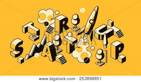 Startup Business Vector Illustration Of Rocket Or Project Launch. Start Up Letters And Creative Idea