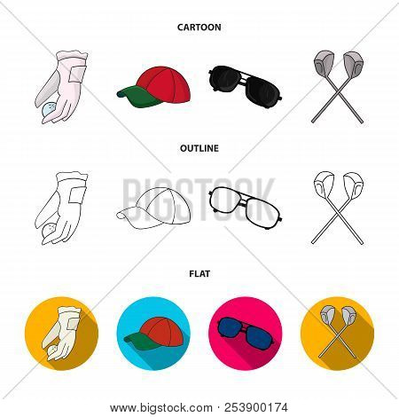 A Glove For Playing Golf With A Ball, A Red Cap, Sunglasses, Two Clubs. Golf Club Set Collection Ico