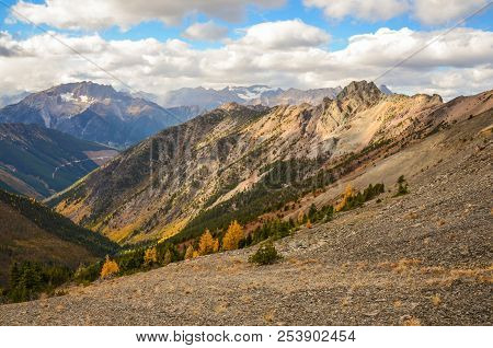 Brewer Creek Trail, British Columbia, Canada In Fall With Golden Larch. Purcell Mountain Landscape