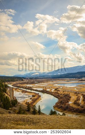 Columbia Wetlands In Spring, Near Invermere, British Columbia, Canada With The Purcell Mountain Rang