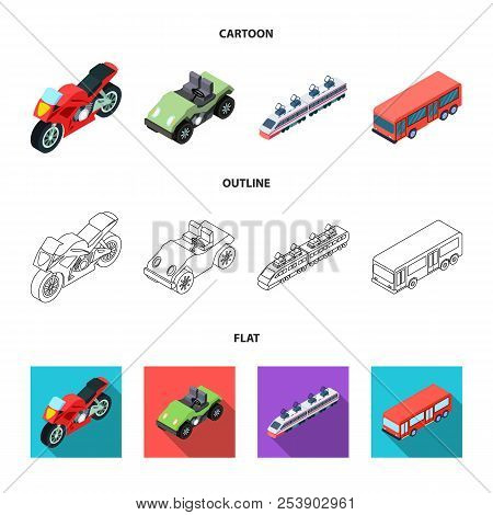 Motorcycle, Golf Cart, Train, Bus. Transport Set Collection Icons In Cartoon, Outline, Flat Style Ve