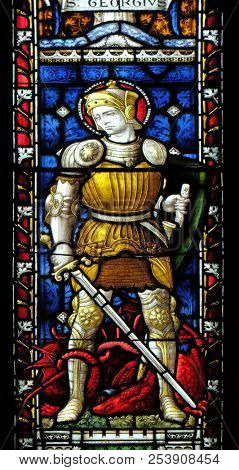 ROME, ITALY - SEPTEMBER 02: Saint George on the stained glass of All Saints' Anglican Church, Rome, Italy on September 02, 2016.