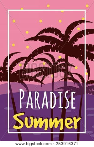 Summer Tropical Background With Palms, Sky And Sunset. Summer Poster Flyer Invitation Card. Summerti