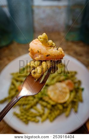 Breaded Shrimp With Gemelli Twin Tube Pasta In Homemade Pesto Sauce