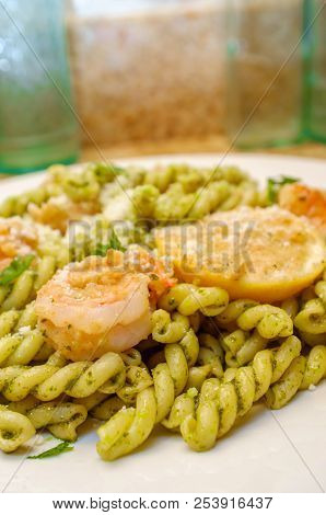 Breaded Shrimp With Gemelli Twin Tube Pasta In Homemade Pesto Sauce