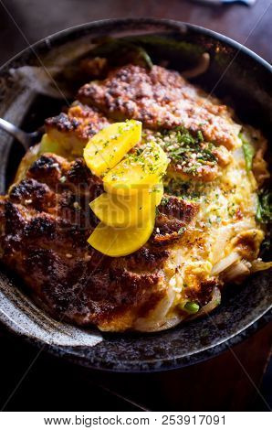 Japanese Crispy Pork Katsudon Rice Bowl With Takuan Daikon Radish Pickle Garnish