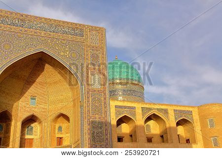 Close-up On Mir-i Arab Madrasa At Sunset In Bukhara, Uzbekistan