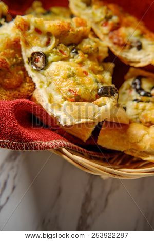 Italian Appetizer Black And Green Olive Cheesy Garlic Bread