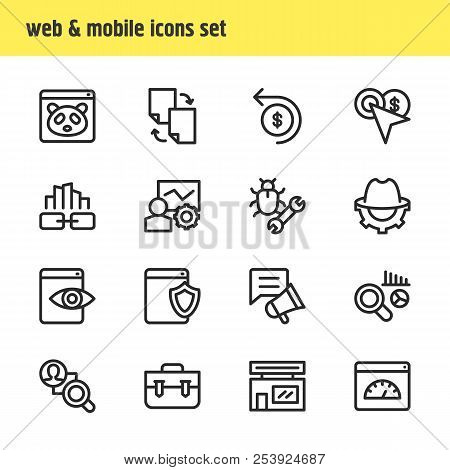Illustration Of 16 Marketing Icons Line Style. Editable Set Of Competitor Analysis, Page Speed, Soci