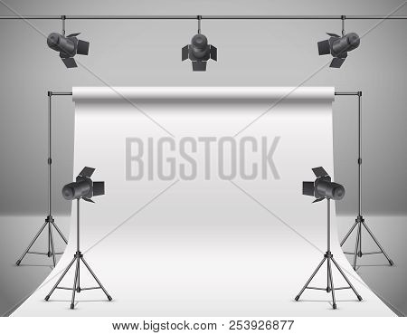 Vector 3d Realistic Photo, Video Studio With Spotlights, White Background. Mock Up Of Photography Pr