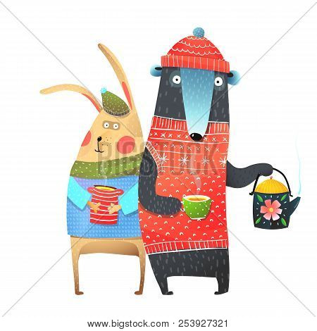 Wild Animals Wearing Clothes Drinking Tea. Vector Cartoon.