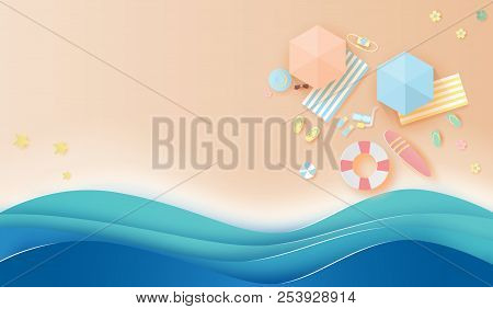 Paper Art And Craft Style Of Top View  Travel Summer Season Beach With Pastel Colortone Background,v
