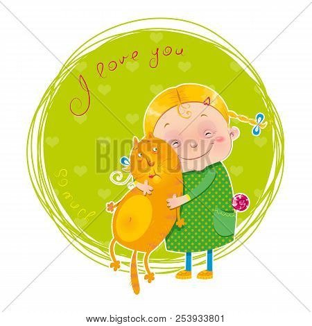 Funny Little Girl With A Red Cat