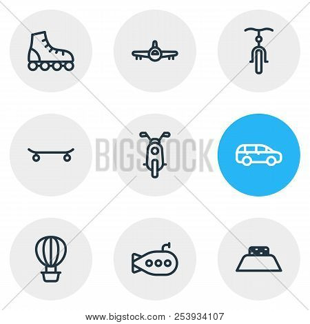 Illustration Of 9 Transit Icons Line Style. Editable Set Of Roller Skates, Aircraft, Bicycle And Oth