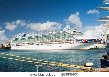 Bridgetown, Barbados - December 12, 2015: Azura Cruise Ship Docked In Sea Port. P O Cruises. Transpo