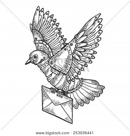 Mechanical Mail Pigeon Bird Animal Engraving Vector Illustration. Scratch Board Style Imitation. Bla