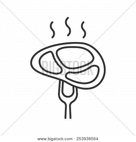 Steak On Carving Fork Linear Icon. Thin Line Illustration. Beefsteak. Contour Symbol. Vector Isolate