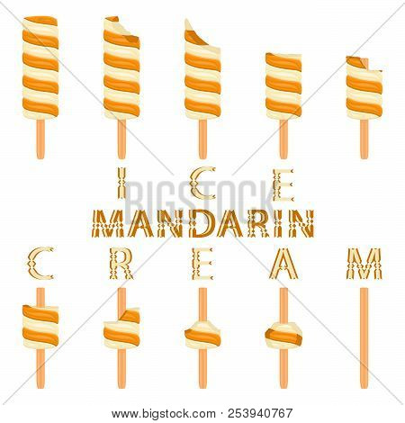 Vector Illustration Logo For Natural Mandarin Ice Cream On Stick. Ice Cream Pattern Consisting Of Sw