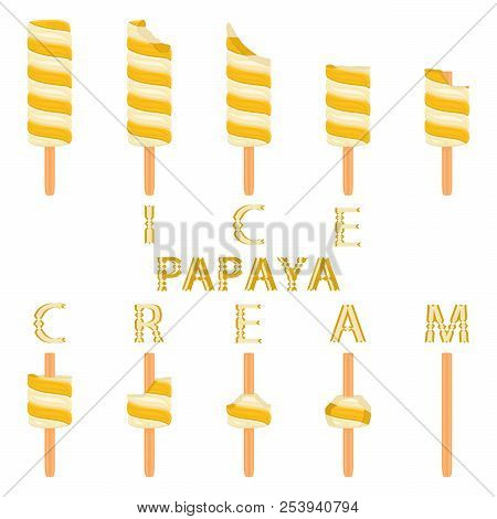Vector Illustration Logo For Natural Papaya Ice Cream On Stick. Ice Cream Pattern Consisting Of Swee