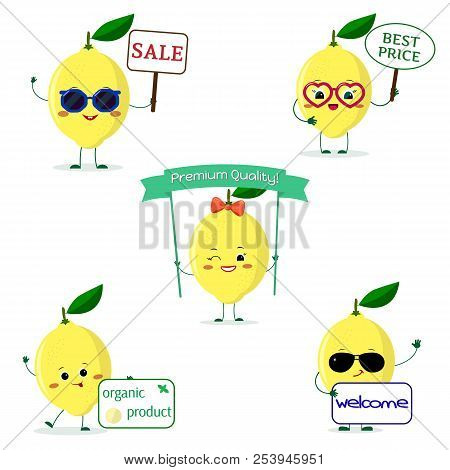 A Set Of Five Lemon Character In Cartoon Style. With Different Plates And Glasses. Flat, Vector.