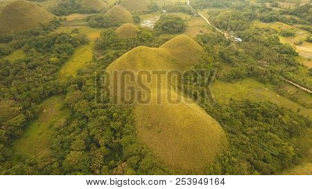 Amazingly Shaped Chocolate Hills On Sunny Day On Bohol Island, Philippines. Aerial View Chocolate Hi