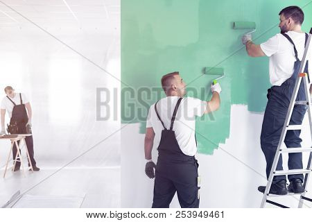 Workers Painting Wall On Green While Standing On Ladder While Finishing Interior
