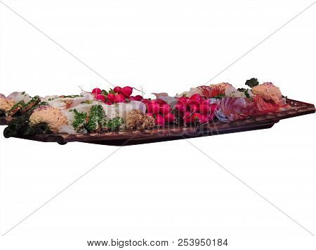 Snack For Beer On A Large Wooden Tray: Radish, Ham, Salad, Sandwiches. Isolated On White Background
