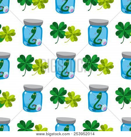 Seamless Pattern With An Green Snake In A Glass Jar And Four Leaf Clover.