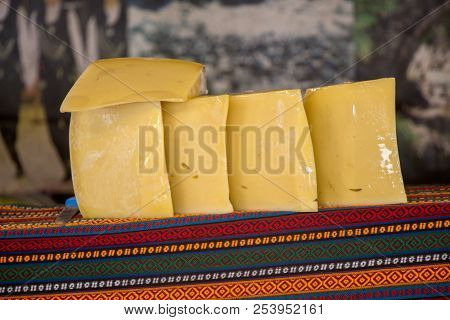 Cuts Of Kashkaval Or Kasseri  Cheese For Sale On The Shelf