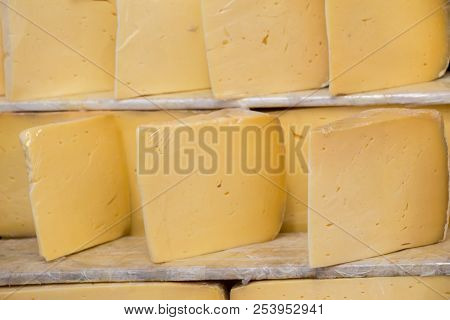 Cuts Of Kashkaval Or Kasseri  Cheese For Sale On The Shelf