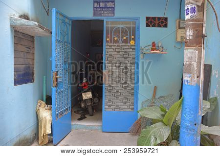 Ho Chi Minh City, Vietnam - 3rd January 2018. A Doorway In A Small Residential Back Street In The Tr