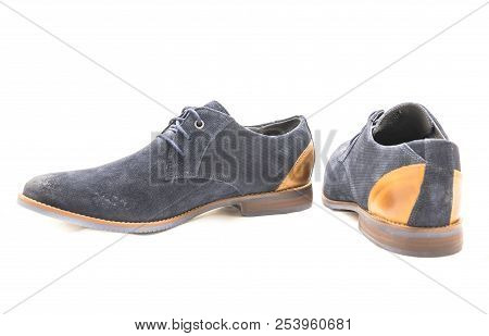Studio Shot Dark Blue Men Dress Blucher Shoes Isolate On White Background