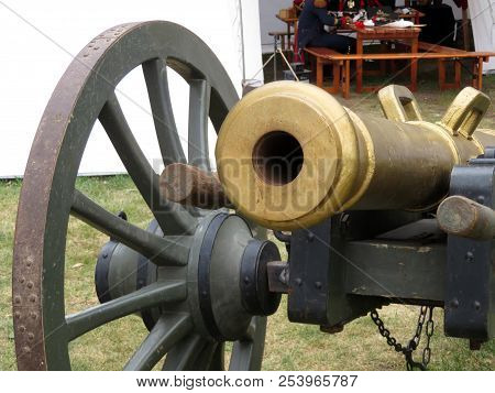 Artillery Gun Of The 19th Century On Background Of Military Camp On The French Army. Napoleonic Wars