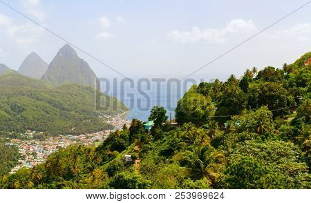 Iconic view of Piton mountains near small town of Soufriere on St Lucia island in Caribbean