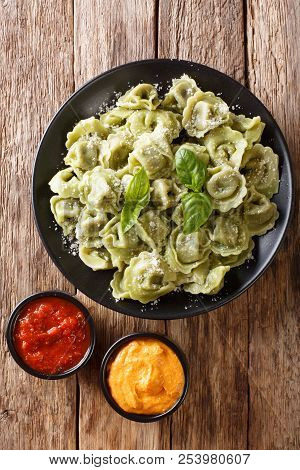 Italian Cuisine Authentic Recipe Spinach Green Cappelletti, Ravioli, Tortellini With Meat And Parmes
