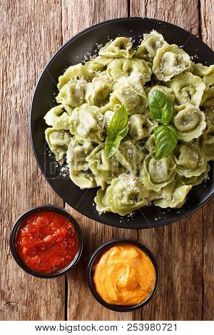 Tasty Spinach Green Cappelletti, Ravioli, Tortellini With Cheese, Basil, Ketchup, Mustard Close-up.