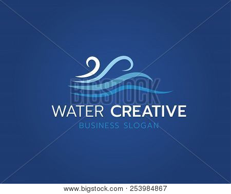 Water Wave Logo Creative Vector Design On Blue Gradient Background.