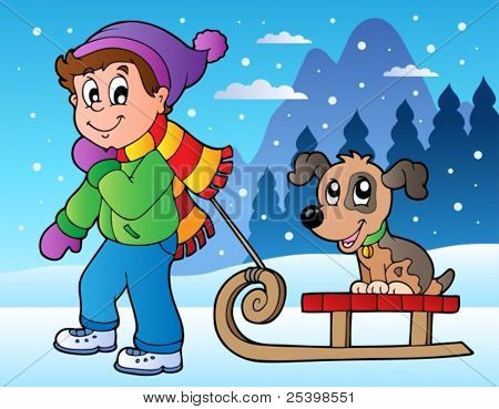 Зимняя сцена с мальчиком и санки - векторные иллюстрации.