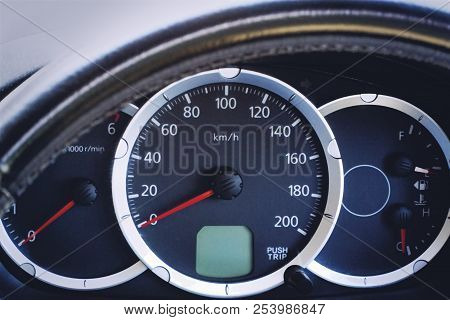 Close-up Car Console With Metric Unit System Speedometer