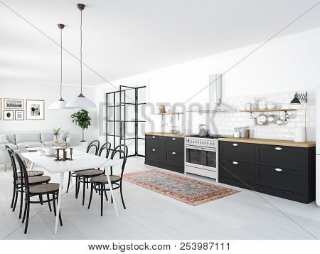 Modern Nordic Kitchen In Loft Apartment. 3d Rendering