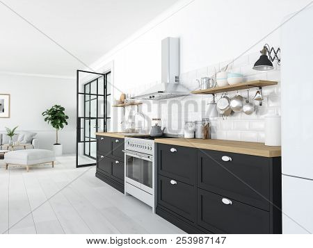 Modern Nordic Kitchen In Loft Apartment. 3d Rendering