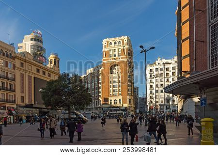 Madrid, Spain - January 23, 2018: Sunset View Of Walking People At Callao Square (plaza Del Callao) 