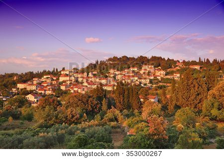 Zrnovo Village In Croatia. Korcula Island Sunset Village Landscape.