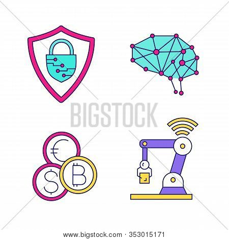 Artificial Intelligence Color Icons Set. Cyberspace. Neurotechnology. Cybersecurity, Digital Brain, 
