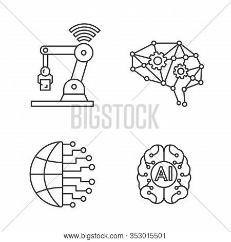 Artificial Intelligence Linear Icons Set. Thin Line Contour Symbols. Neurotechnology. Big Data, Deep