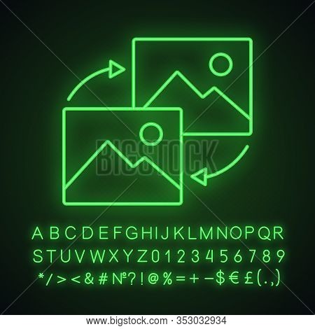 Data Transforming Neon Light Icon. Glowing Sign With Alphabet, Numbers And Symbols. Pictures Reload.