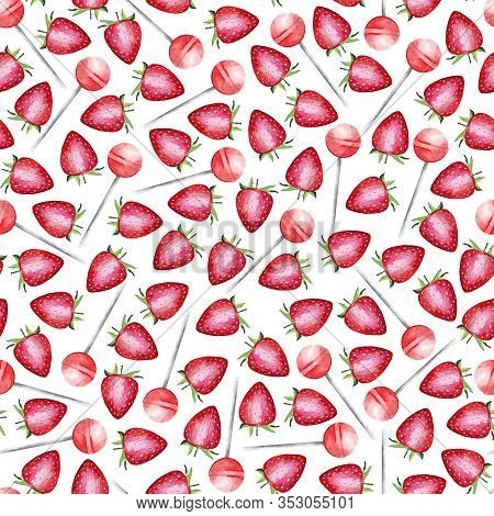 Watercolor Seamless Pattern With Strawberrys And Lollipops. Colorful Watercolor Illustration On Whit